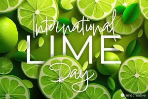 Words International Lime Day surrounded by slices of lime and leaves of lime tree